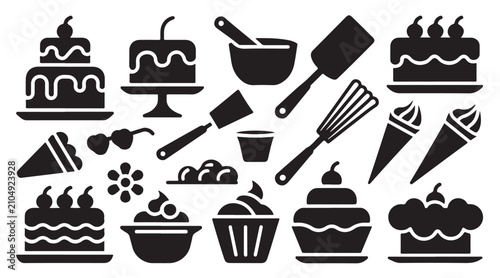 Fotografie Set of confectionery items and baking tools in black on transparent background
