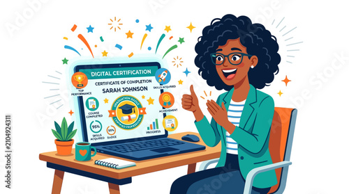 Young Woman Working on Laptop at Office Desk Cartoon Vector Illustration for Business Education Remote Work and Digital Workspace Design