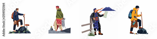Konstfotografi Collection of Indonesian male hikers wearing traditional batik sarongs and outdoor gear, exploring mountain trails and nature in flat vector illustration style