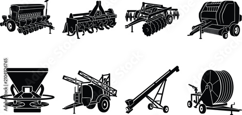 Konstfotografi Collection of agricultural machinery and farm equipment black silhouettes isolat