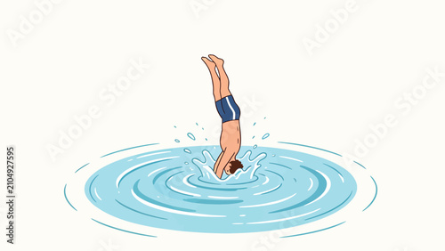 Cartoon Illustration of a Person Performing a Headfirst Dive into Water with Dynamic Splashes and
