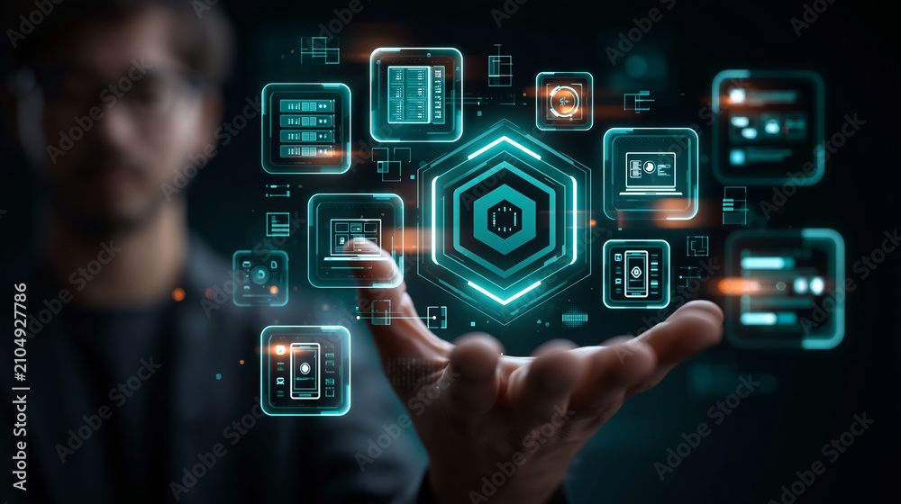 Fototapeta premium Hand presenting glowing hexagon icon connected to network devices for cybersecurity technology concept