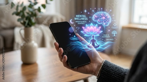 Mental Wellness App: A hand holding a smartphone displays a digital interface promoting mental wellness, featuring a lotus, brain, and serene figure in meditation.