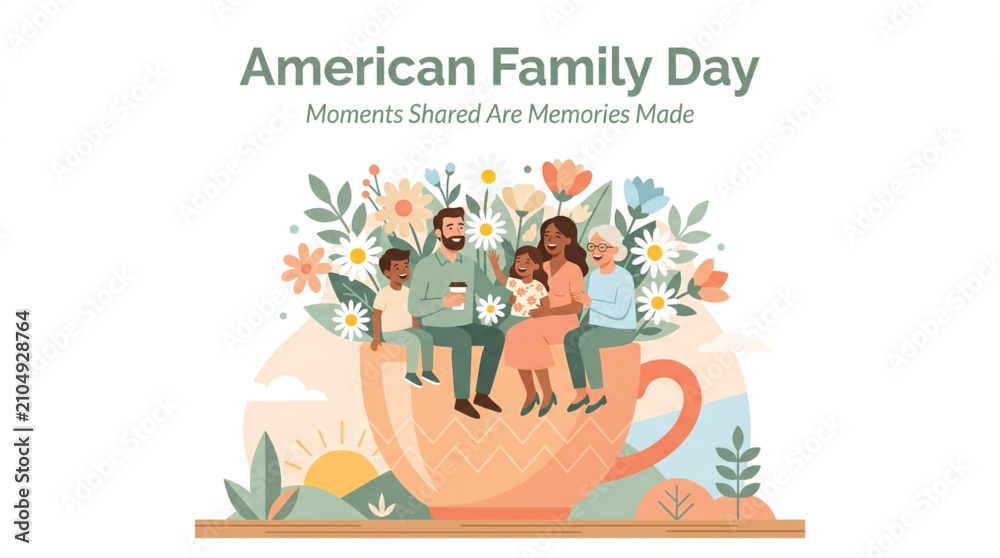 Fototapeta premium Illustration of a diverse family sitting on a large teacup surrounded by flowers with text 'American Family Day' and 'Moments Shared Are Memories Made' above them.