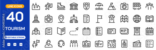 Tourism icon set. Travel, sightseeing, and vacation destination line icons: landmarks, camera, map, double decker bus, tickets, guide, and more. Editable stroke. Vector illustration.