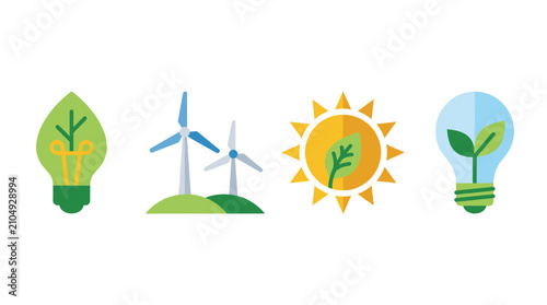 Foto Renewable energy icons for solar, wind, and bioenergy.