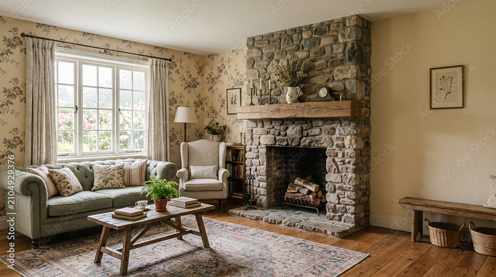 Obraz premium Country cottage living room with stone fireplace floral wallpaper and green sofa