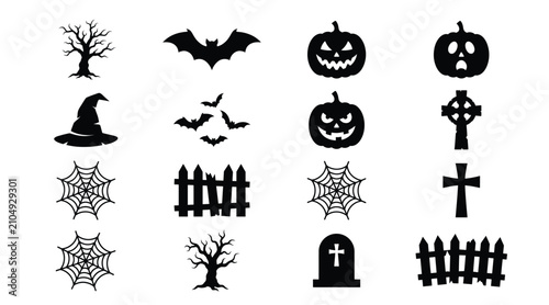Halloween icon set with trees bats pumpkins and gravestones