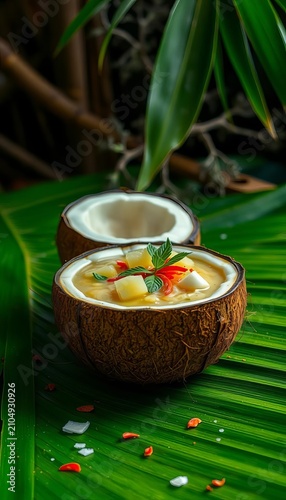 Fresh coconut slices and steaming hot pachadi on a banana leaf, Indian food, sadya