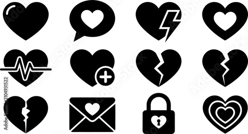Fotografie Heart Shape and Love Icon Set with Broken Heart, Lifeline, Bubble Chat, Envelope