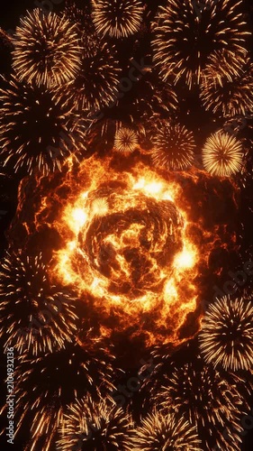 animation of an enormous central pyrotechnic explosion lighting up the night