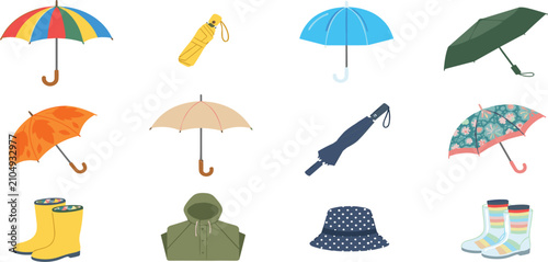 Photos Rainy season accessories collection featuring colorful umbrellas, rain boots, ra