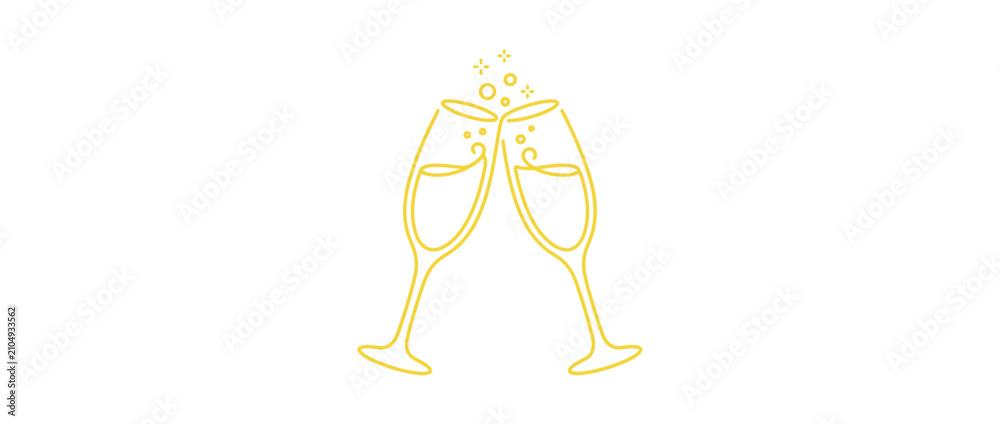 Obraz premium Golden Outline Toasting Champagne Glasses with Bubbles