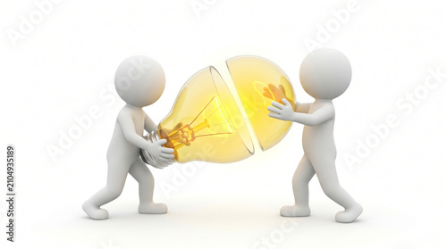 Two White 3D Characters Joining Two Glowing Light Bulb Halves Isolated on White Background, Symbolizing Teamwork Synergy and Shared Ideas