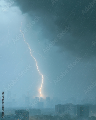 Storm rages over urban skyline. Lightning strikes sharply against heavy rain. City buildings fade into misty background. Sky darkens with ominous clouds. Powerful flash illuminates the scene