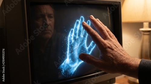 A warm, soft human hand gently touching a cold glass tablet screen, where a glowing, translucent holographic hand touches back from the inside.