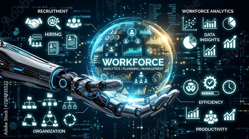 Robotic hand holding digital workforce analytics globe concept representing advanced human resource management technology solutions