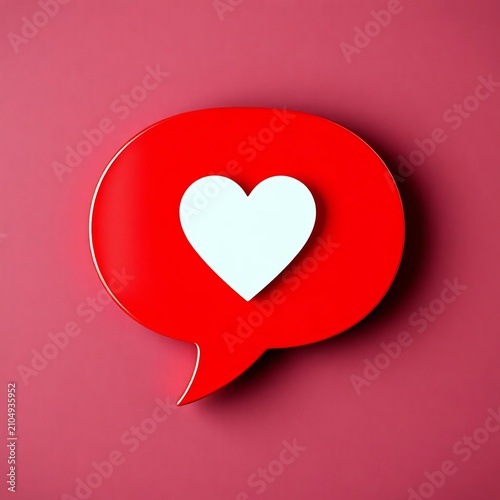 Rounded red speech bubble with white heart inside, Flat, Iconic