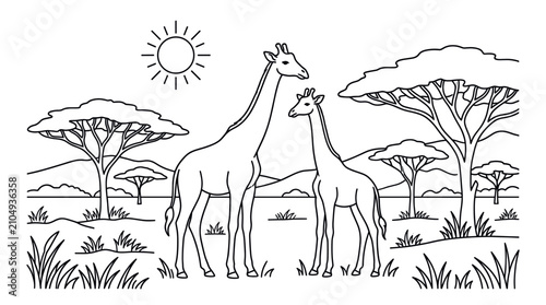 Photography Two giraffes standing in savanna landscape with acacia trees.