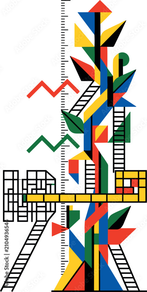Obraz premium Abstract Bauhaus Geometric Art Composition with Colorful Shapes, Scales, and Ladders for Modern Graphic Design Posters, Backgrounds, and Creative Illustrations