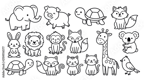 Photography Cute cartoon animal characters collection line art