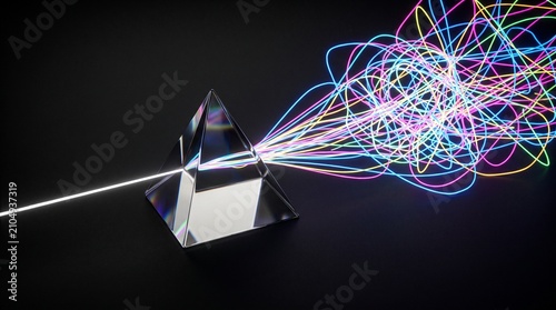 A single, clear glass prism sitting on a dark surface, splitting a single beam of plain white light into hundreds of chaotic, tangled colored threads rather than a clean rainbow.