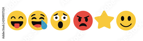 Collection of various colorful emoji faces and star icon on white background.