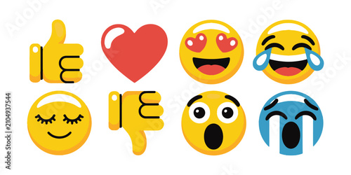 Set of bright emoji reaction icons with heavy outlines including heart and thumbs up hand gestures.