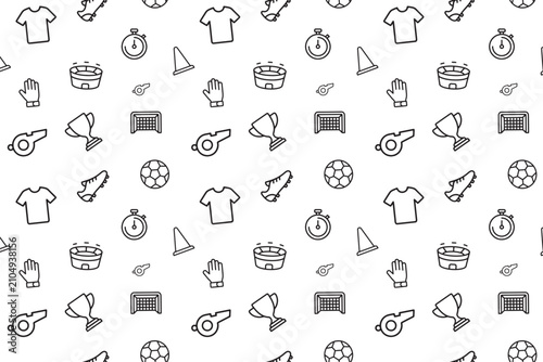 Football Training Seamless Pattern with Soccer Equipment Line Icons Vector Sports Background Design