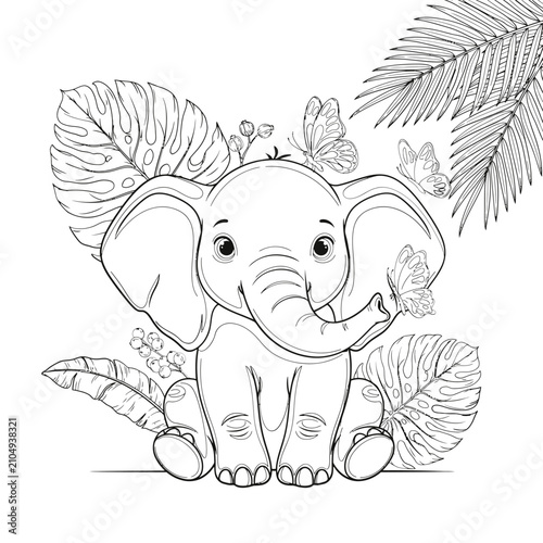 Cuadro en lienzo Elephant With Butterflies And Tropical Leaves Vector Illustration