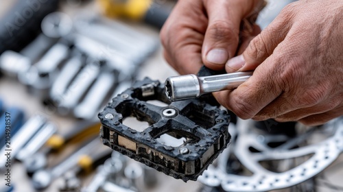Close-up of a person's hands assembling a bicycle pedal with various tools laid out on a surface in the background
