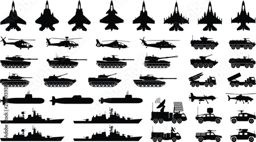 Bild auf Leinwand Military vehicles silhouette vector collection with army tanks fighter jets navy