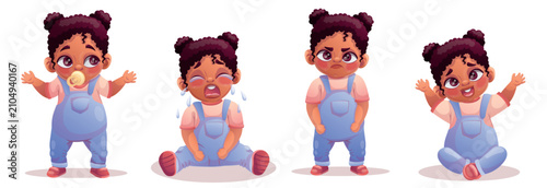 Foto Set of four cute little girl facial expressions with dark skin showing confusion crying anger and happiness