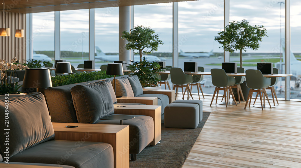 Fototapeta premium Empty Airport Lounge with Runway and Airplane View