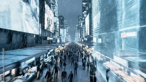 Crowd walking through futuristic cyberpunk city street in rain