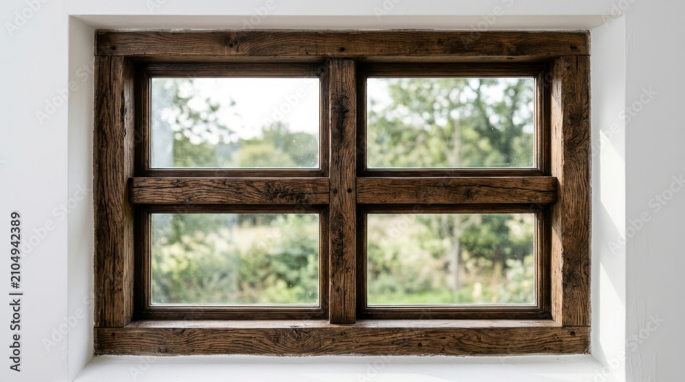 Fototapeta premium Rustic wooden window frame with nature view architecture building