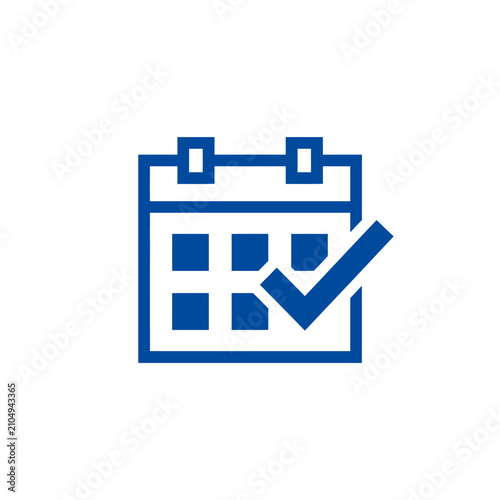 A blue calendar icon with a check mark on white background