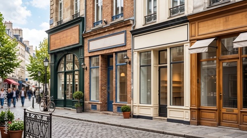 Empty storefronts on a historic city street. Blank shop windows for retail branding mockup.