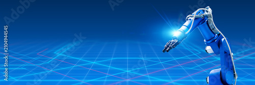 産業ロボットと通信ネットワーク。工場、製造業、DX、工業、FA、フィジカルAI、未来、機械、自動化