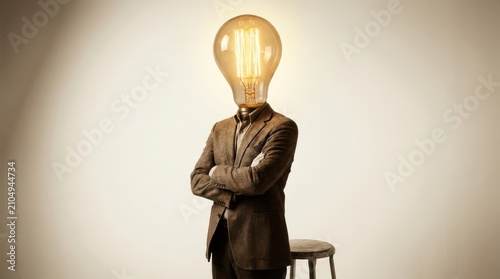 Businessman with lightbulb head representing innovation, business