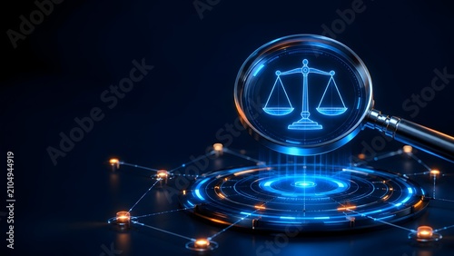Futuristic magnifying glass projecting glowing blue scales of justice over digital network representing cyber law and online legal security