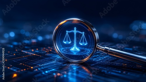 Magnifying glass with glowing blue scales of justice resting on computer circuit board representing cybercrime investigation and legal technology