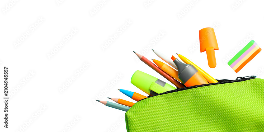 Obraz premium School supplies, Colorful school supplies fill a vibrant backpack, showcasing creativity, PNG