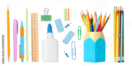 School supplies, Colorful assortment of school supplies arranged neatly, PNG