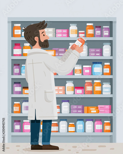 Doctor examines medicine in pharmacy aisle. Focused, he checks a pill bottle carefully. Shelves hold colorful containers behind him. Medical setting suggests care or research. Ideal for healthcare