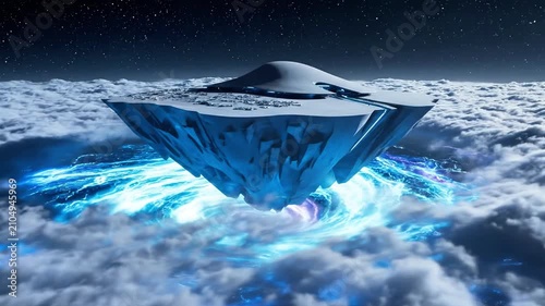 Floating rock island above clouds with blue energy glow.