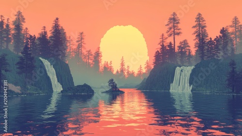 Pixelated sunset over a tranquil lake with waterfalls