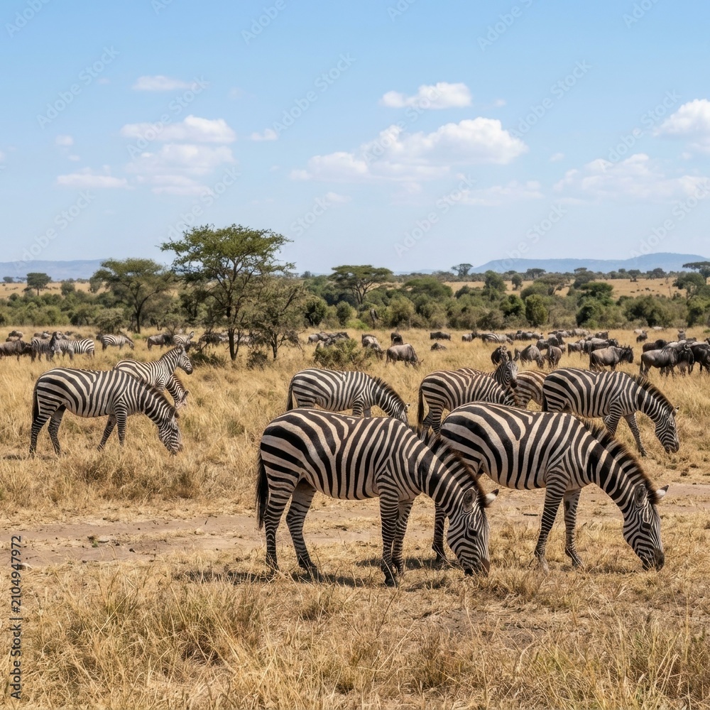 Fototapeta premium Herd of Zebras and Wildebeests Grazing in the African Savanna Plains of Serengeti National Park