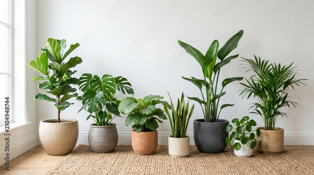Fototapeta premium Home Plants Collection: Fiddle Leaf Fig, Monstera, Snake Plant, Palm