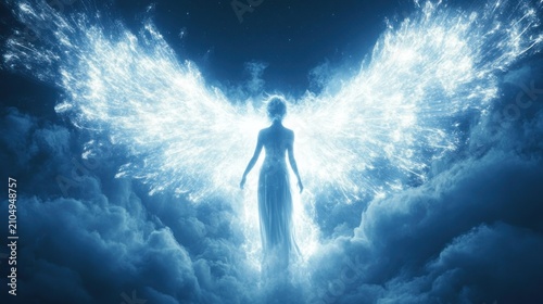 Radiant angel figure with luminous wings above clouds